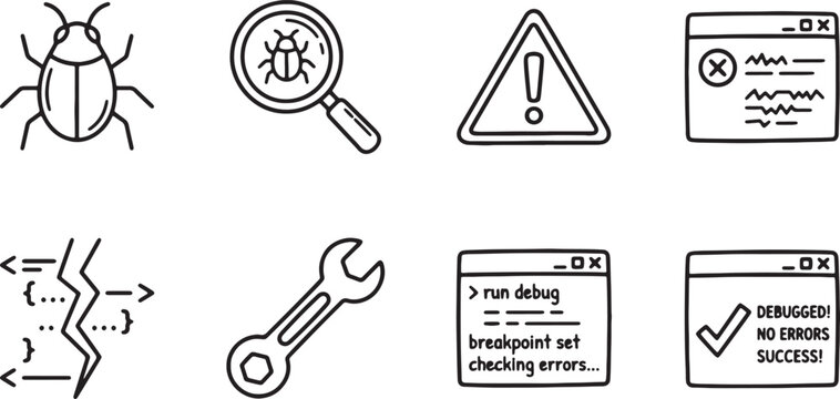 Debugging icons depicting software errors, system bugs, and troubleshooting tools are shown in a hand-drawn style.