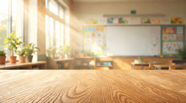 Classroom with desks and bulletin boards during daytime with sunlight coming through windows