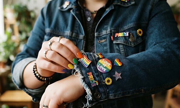 Person wearing a denim jacket with colorful pride pins illustration