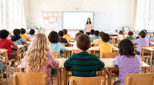 Students listen to a teacher in a classroom during a lesson on a bright day