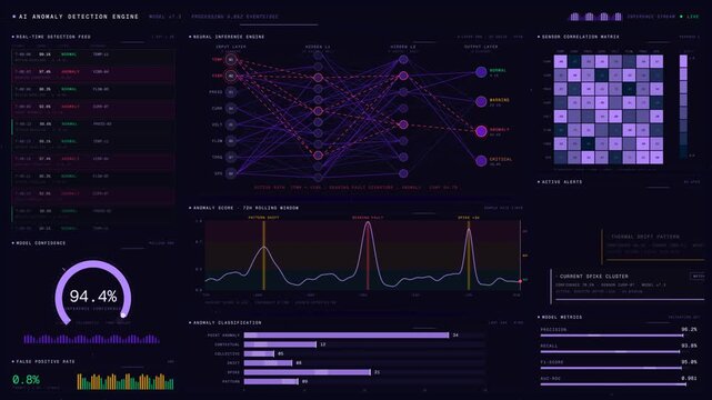 Explore the advanced AI industrial anomaly detection dashboard featuring a neural network visualization with real-time data analysis and dynamic anomaly scoring metrics.
