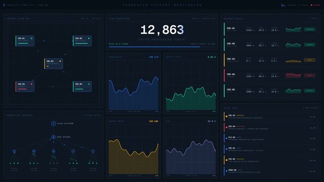 Dynamic and animated dashboard showcasing a connected factory IoT monitoring system with real-time production data and machine status indicators in a modern industrial setting.