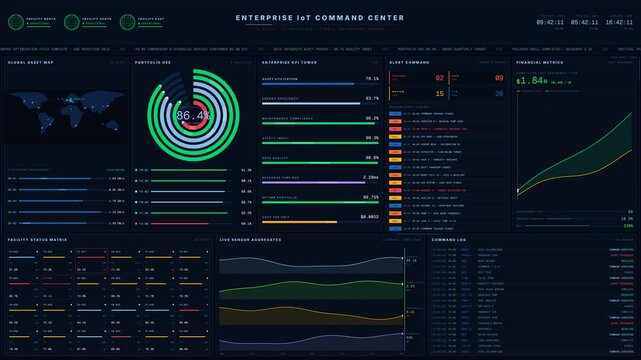 A cinematic view of an enterprise industrial IoT command center featuring real-time data analytics, global asset mapping, and performance metrics in a sleek, authoritative design.