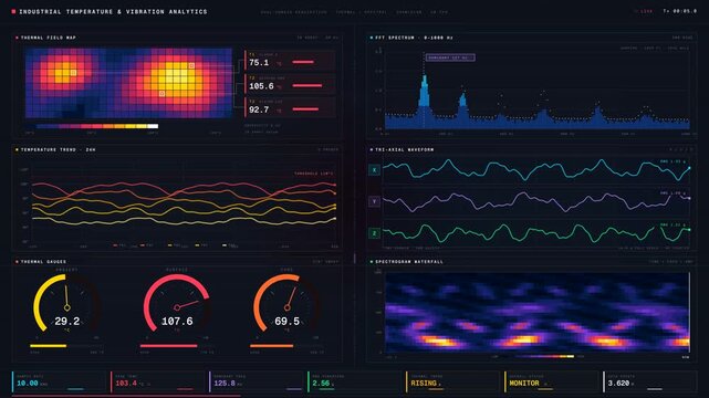 Explore the dual-domain industrial analytics dashboard showcasing temperature and vibration monitoring with vibrant thermal and spectral visualizations in a sleek interface.