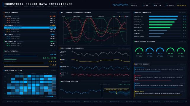 A visually engaging industrial sensor data intelligence platform showcasing real-time analytics, predictive forecasting, and multi-sensor correlation on a sleek digital interface.