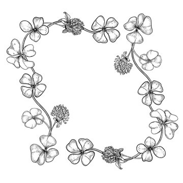 Clover curve frame black white vector illustration. Botanical border with four leaf clover for St. Patrick Day design. Shamrock engraving art hand drawn for greeting card and invitation empty space.