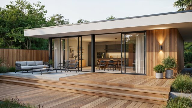 Modern luxury home exterior with wood cladding and large glass sliding doors onto a terrace. Perfect for architectural design and high-end real estate marketing concepts.