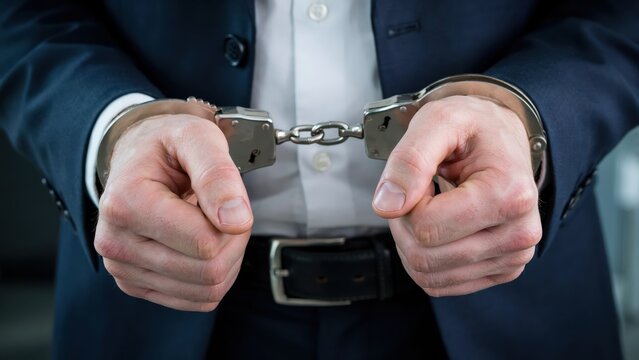 A businessman in a suit has his hands locked in metal handcuffs. This shot represents the concept of corporate crime and white collar justice.