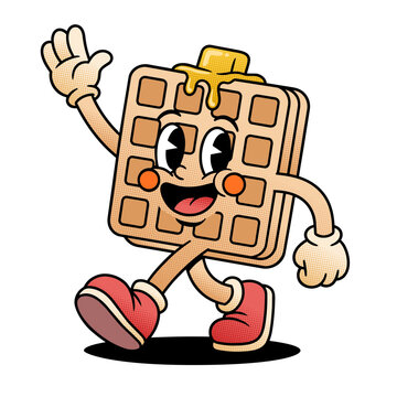 Happy Waffle Cartoon Character Mascot Walking With Syrup Drip Retro Cute Breakfast Illustration