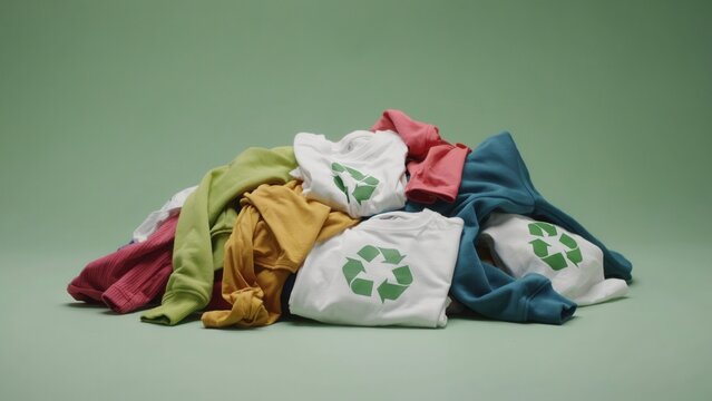 A pile of assorted used clothing featuring t-shirts with green recycling logos on a soft green background. This represents sustainable fashion and textile recycling.