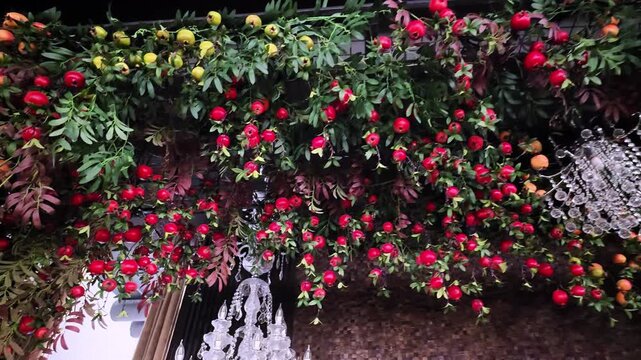 Dense pomegranate vine covers brick wall beside crystal chandeliers casting warm light, while lush foliage, ripening fruit, and rustic textures create festive outdoor atmosphere, with pomegranate