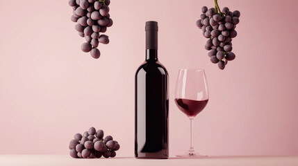Fototapeta premium Elegant Wine Bottle and Glass with Grapes on Colorful Background