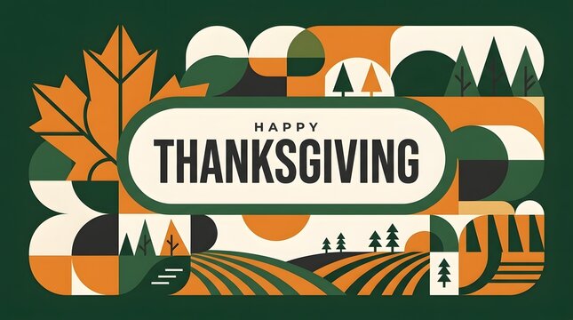 Happy thanksgiving greeting card with geometric autumn landscape and maple leaf design