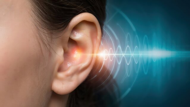 A glowing sound wave digital interface visualizes data entering a human ear. This represents advanced medical technology or audio communication concepts.