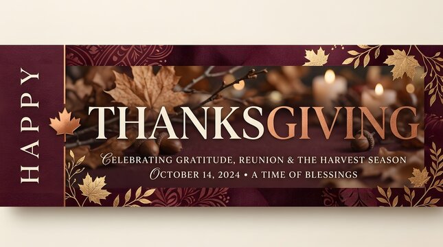 Elegant happy thanksgiving banner with golden autumn leaves and dark maroon background