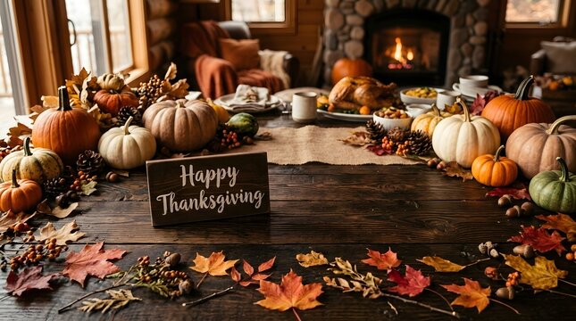 Cozy thanksgiving setting with pumpkins and autumn leaves near a warm fireplace