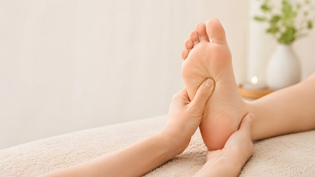 Therapist hands massage a client's bare sole during a focused reflexology treatment for foot comfort and relaxation.