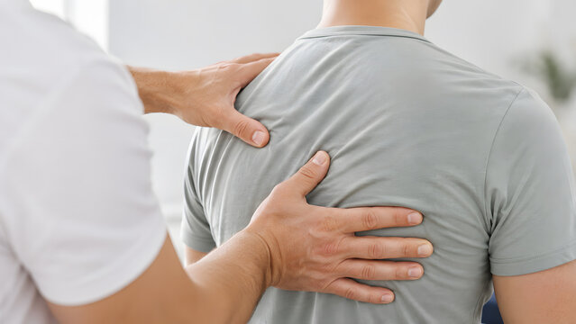 Therapist hands apply pressure to a patient's shoulder and upper back during postural therapy and rehabilitation treatment.