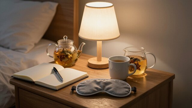 A warm lit bedside table holds a cup of herbal tea, glass teapot, open notebook, pen, sleep mask, and lamp for quiet evening relaxation.