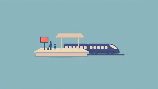 Modern minimalist train station illustration with waiting passengers with flat vector illustration high speed transportation infrastructure with departure