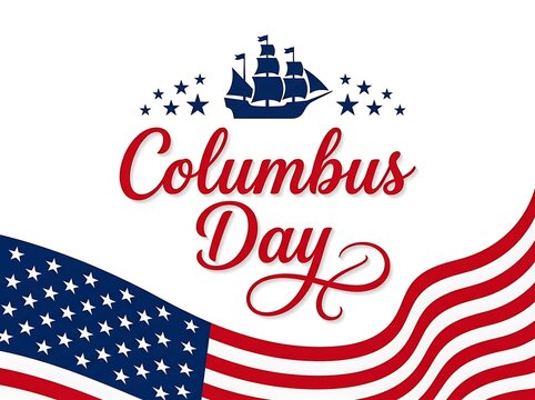 Decorative columbus day greeting card design with a vintage ship and american flag background