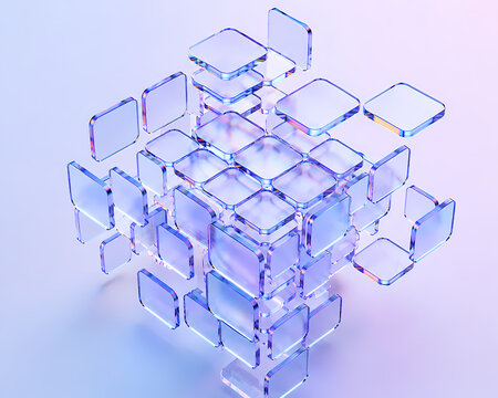 Abstract 3D render of a translucent glass cube composed of many smaller square panels representing data technology or digital transformation concepts