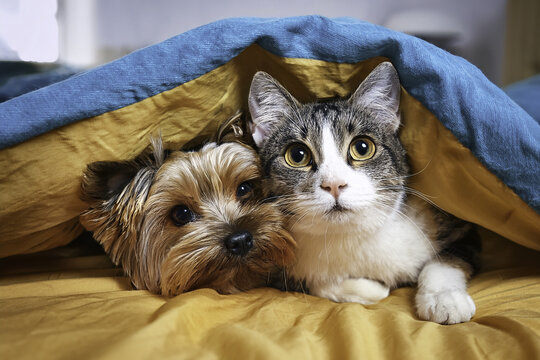 dog and cat enjoying lying unter the blanket in the bisg bed in the sleeping room