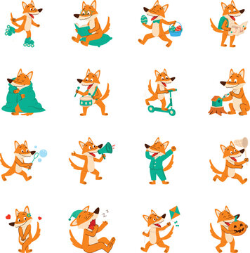 Playful orange fox Vectors show skating, reading, Easter, school, cozy rest, music, transport, crafts, bubbles, bedtime, emotions, and outdoor seasonal activities. 
