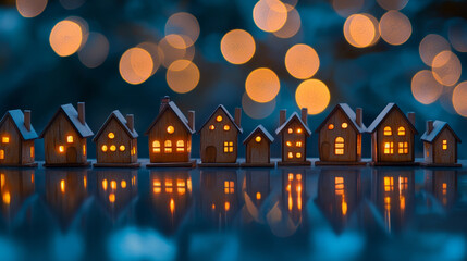 Fototapeta premium Cozy Miniature Village with Warm Lights and Bokeh Background