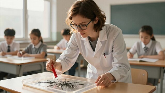 A focused science teacher conducts a hands-on experiment with students observing attentively during a classroom lesson.