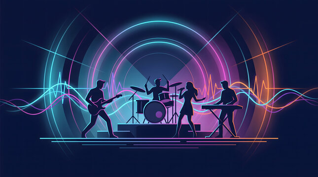 Neon Musical Band Performing Live Concert Silhouette Vector Illustration