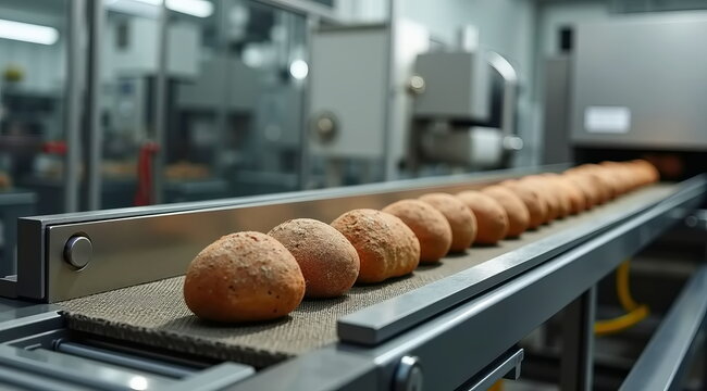 Loaves of black bread move from the oven along a conveyor belt at a bakery.