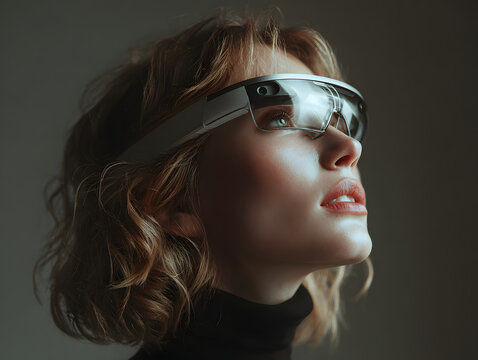 woman with AR glasses looking upward clean futur