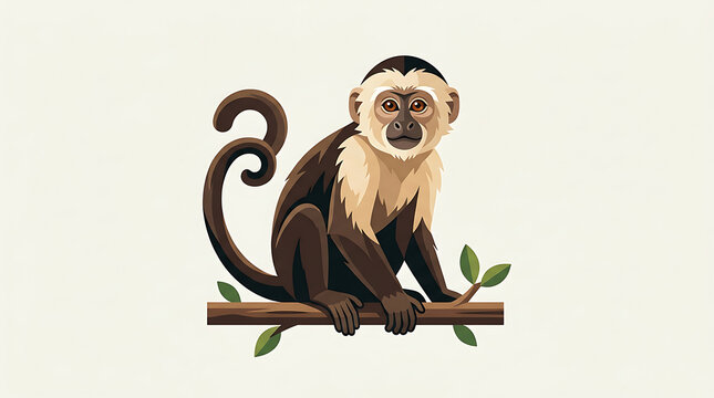 Cute cartoon monkey sitting on branch with playful expression and curled tail