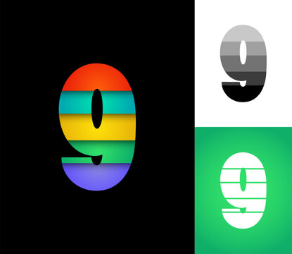 Number 9 set, 3D numeral nine multi colored font, signs perfect for logo brand design, vector illustration 10EPS