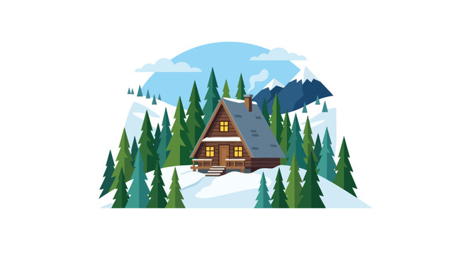 Cozy A-frame wooden cabin in a snowy winter forest landscape