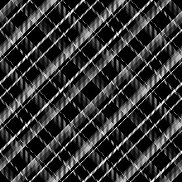 Monochrome plaid check pattern with layered diagonal stripes in black, gray and white for textile, fabric, apparel and decorative surface design. Vector illustration.
