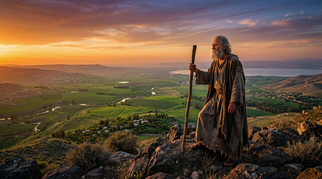 Moses gazing longingly at the Promised Land from the peak of Mount Nebo, knowing he will die before crossing over