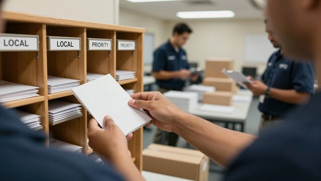 A postal worker sorts mail into labeled bins marked local and priority inside a busy sorting facility.