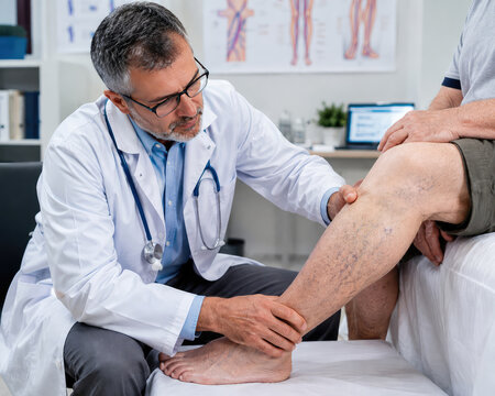 Doctor Examining Elderly Patient's Leg and Knee, Vascular and Geriatric Healthcare