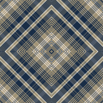 Abstract symmetrical diamond pattern with layered navy blue, beige and white stripes for textile, wallpaper, packaging and decorative surface design. Vector illustration.