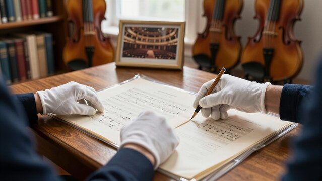 A conservator wearing white gloves meticulously writes notes on vintage sheet music placed under protective glass, surrounded by violins and books.