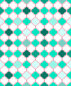 Repeating quatrefoil pattern in teal, turquoise, mint and white with contrasting red outlines for textile, wallpaper and decorative surface design. Vector illustration.