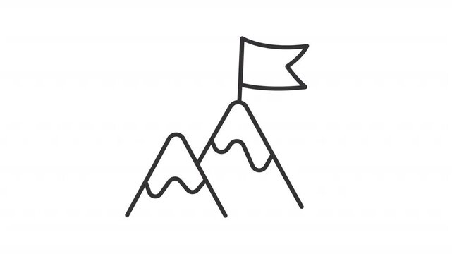 Animated flag on mountain peak outline icon. Milestone in business development animation. Reaching success summit. Leadership on market. Flat line motion graphic loop on transparent white