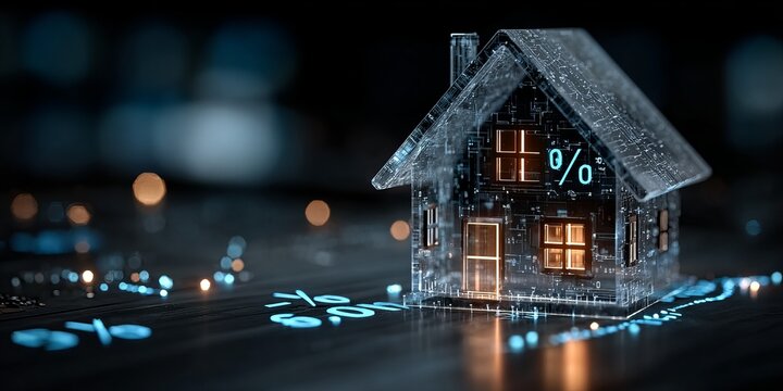 Digital house with percentage symbols representing mortgage rates, home loans, real estate financing, property investment