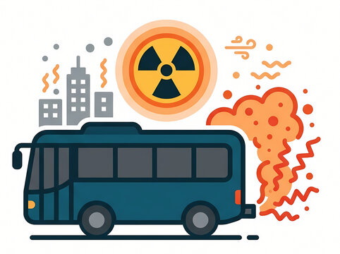 A dark blue bus emits heavy pollution and drives near a city.