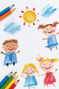 Cheerful children drawings with smiling figures, sunshine and colorful pencils on white paper