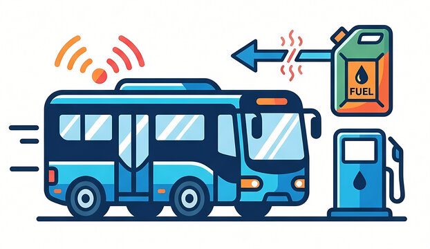 Illustration of smart public bus with wireless technology and fuel station symbol.