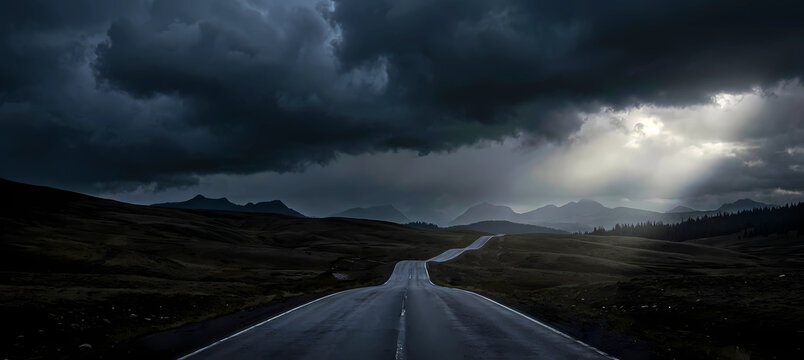 Dramatic dark storm clouds over winding road and mountains, Generative AI