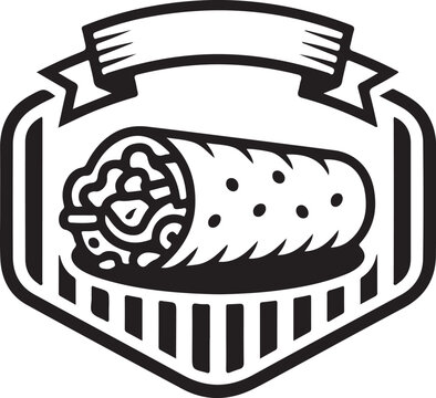 Vintage style emblem design featuring a delicious stuffed burrito centered inside a decorative crest shield border